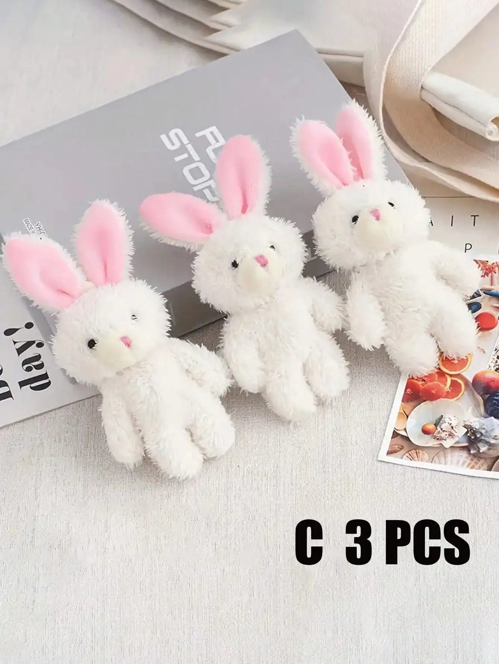 3-Pack White Plush Rabbit Dog Toys with Pink Ears