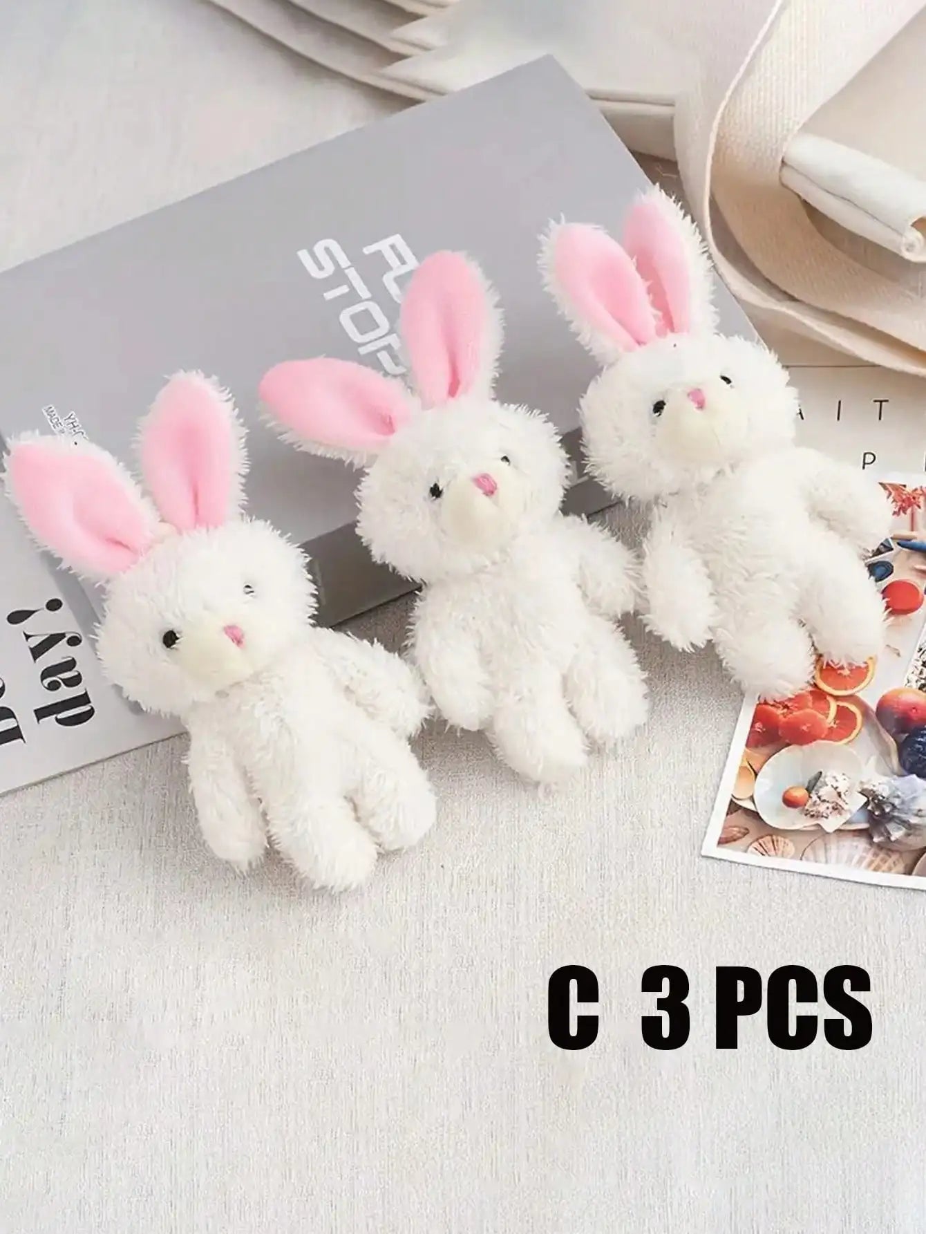 3-Pack White Plush Rabbit Dog Toys with Pink Ears