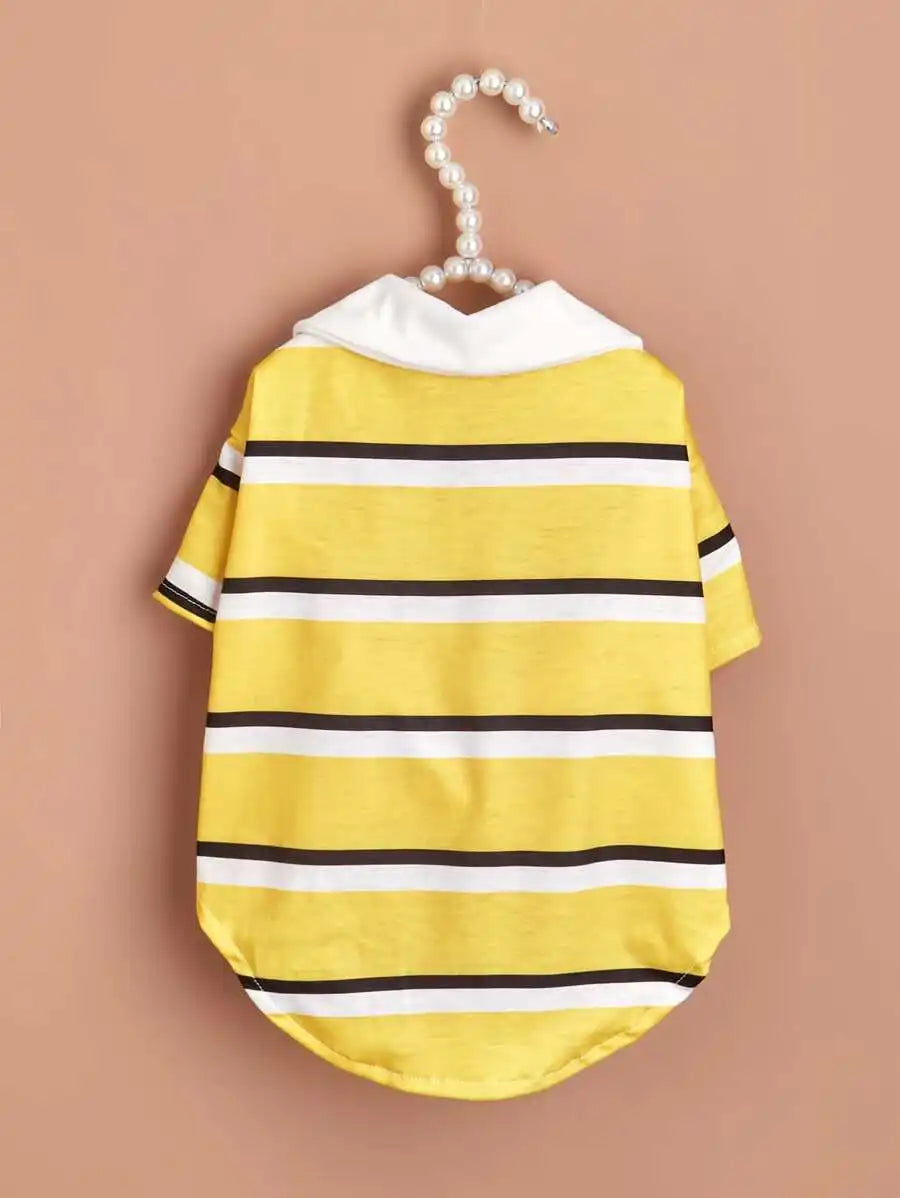 Yellow Striped Polo-Style Pet Shirt for Dogs and Cats, Casual Wear
