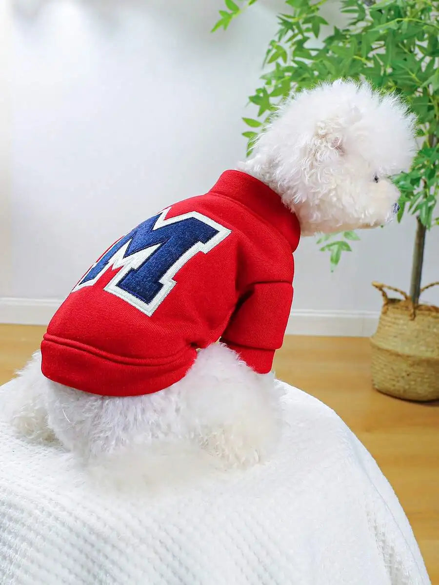 Red Pet Sweatshirt with Letter M, High Neck Short Sleeve