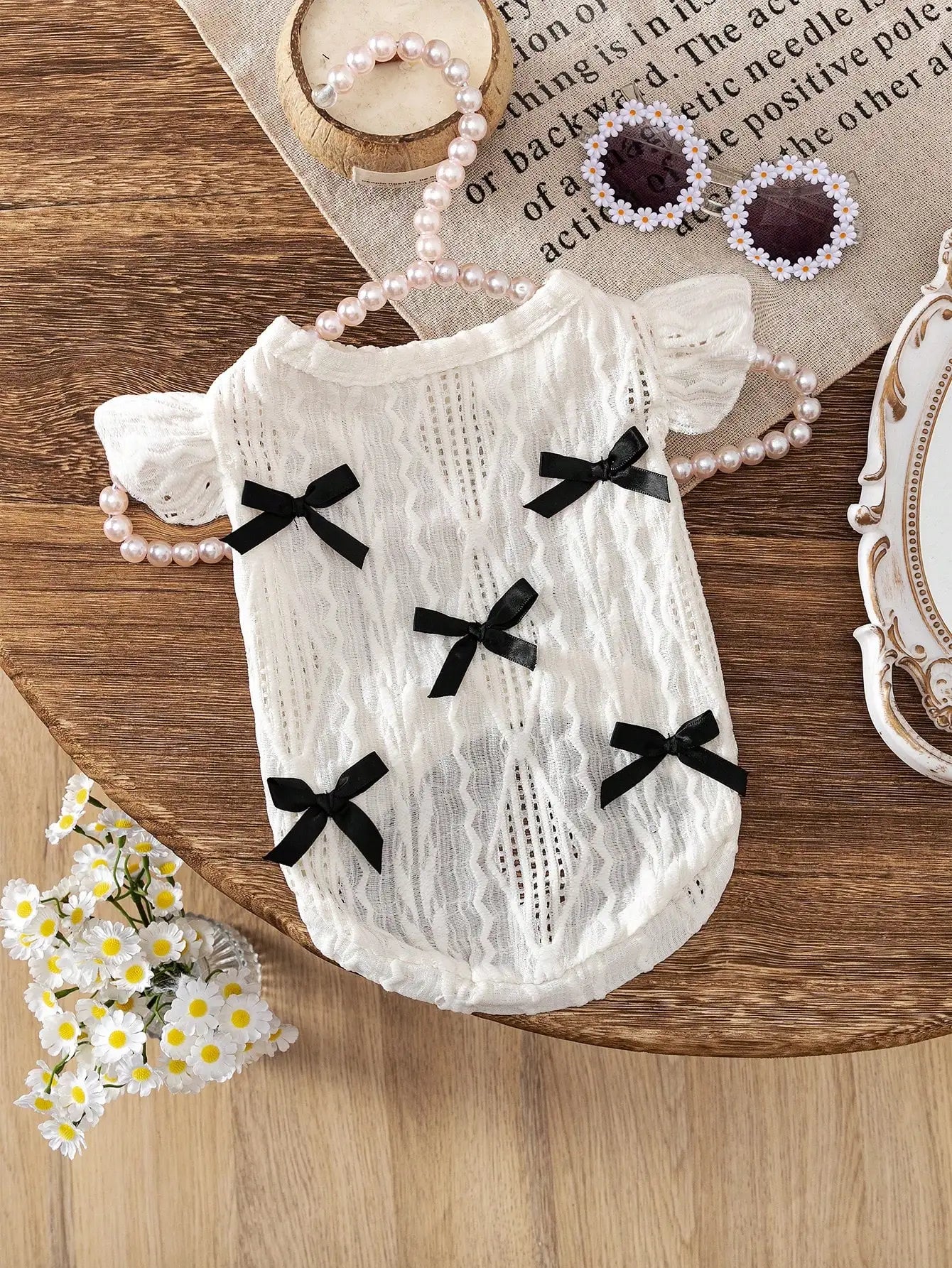 White Lace Pet Dress with Black Bowknots for Cats and Small Dogs