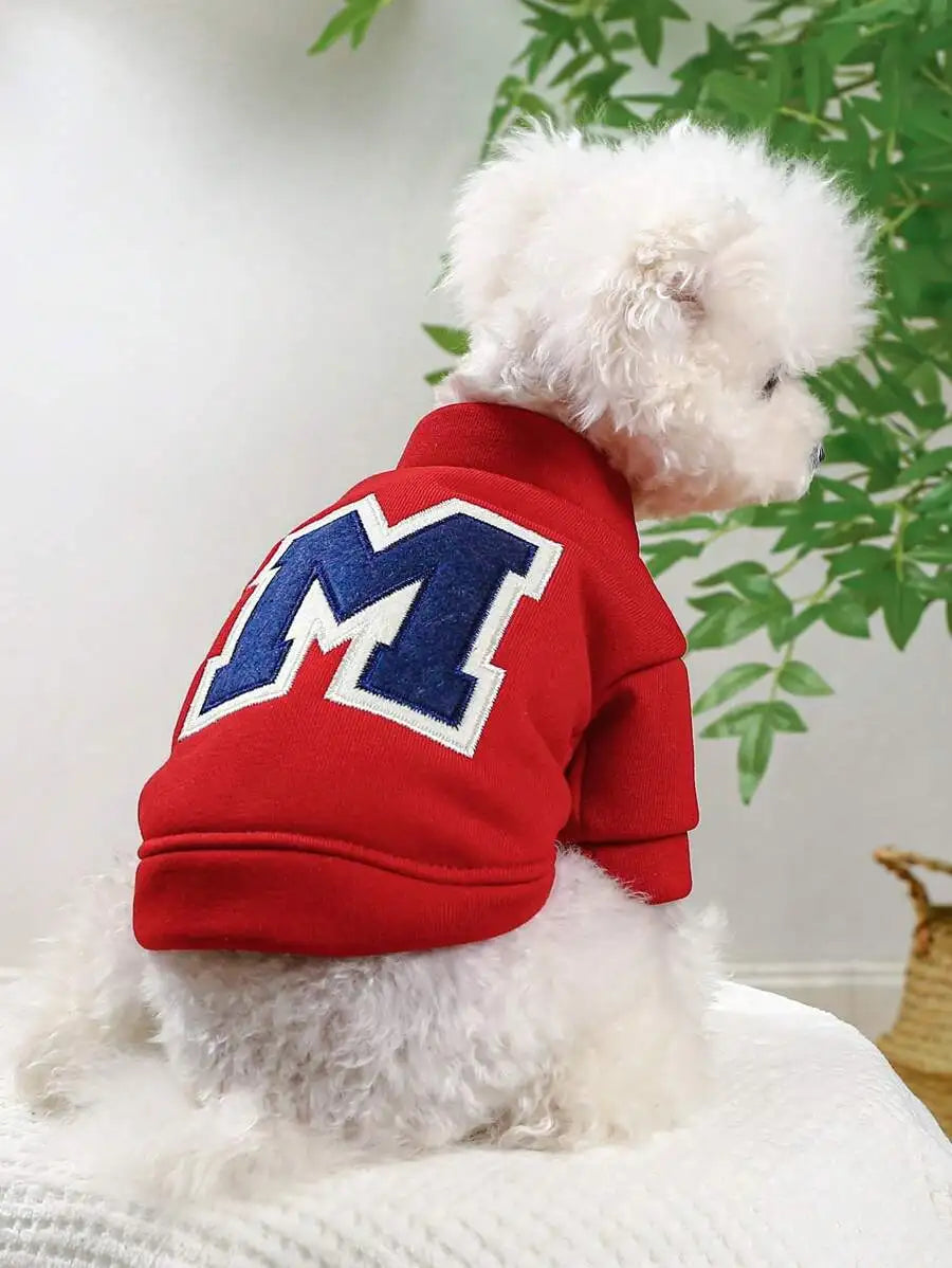 Red Pet Sweatshirt with Letter M, High Neck Short Sleeve