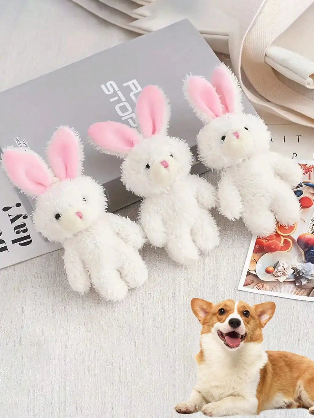 3-Pack White Plush Rabbit Dog Toys with Pink Ears