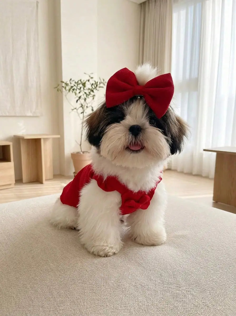 Red Corduroy Bowknot Dog Dress with Hair Clip for Small Breeds