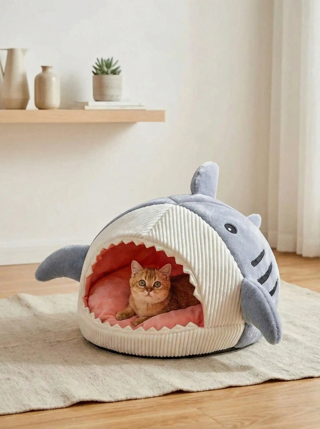 Corduroy & Plush Enclosed Pet Bed with Playful Marine Design