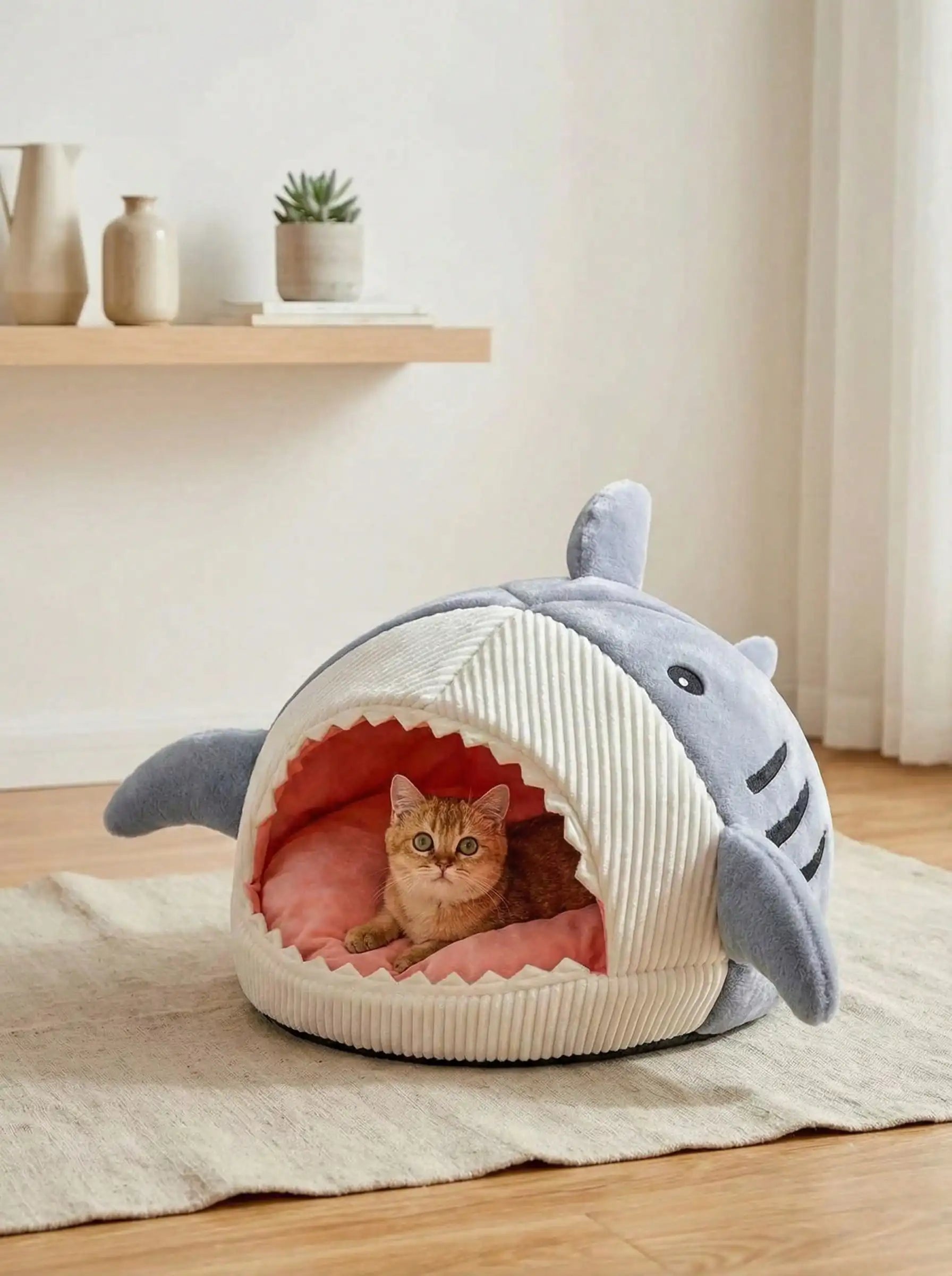 Corduroy & Plush Enclosed Pet Bed with Playful Marine Design