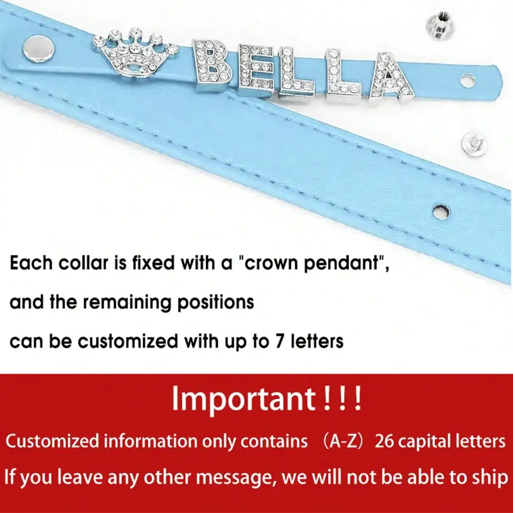Leather Pet Collar with Rhinestone Name & Crown Charm,