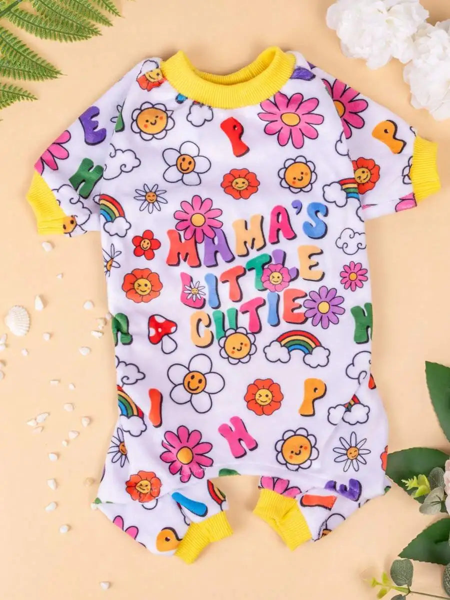 Colorful Floral Print Pet Pajamas with Rainbow & Smiley Flowers,