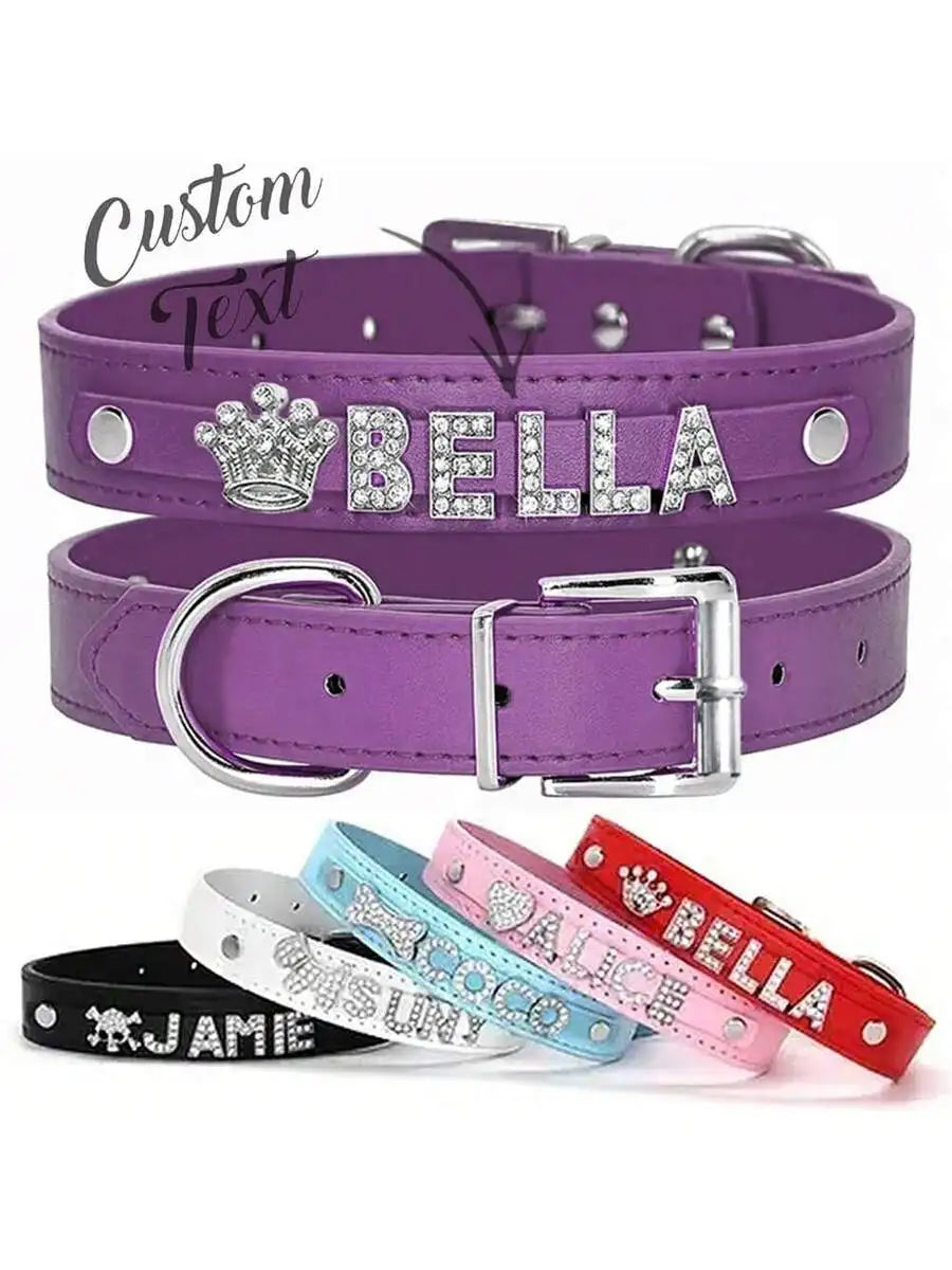 Leather Pet Collar with Rhinestone Name & Crown Charm,