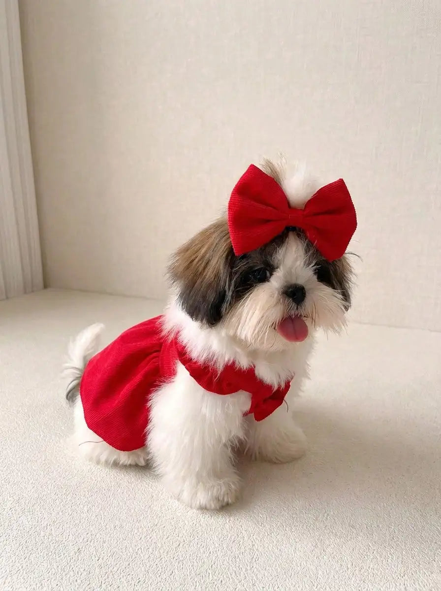 Red Corduroy Bowknot Dog Dress with Hair Clip for Small Breeds