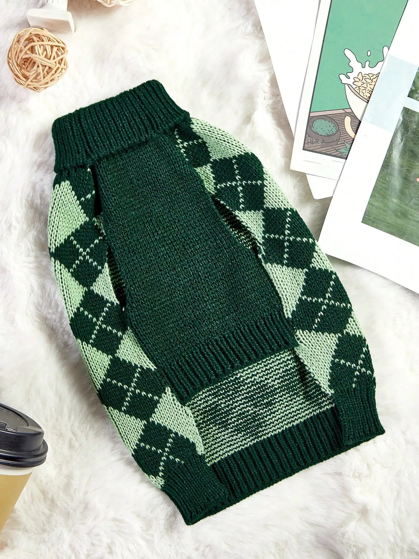Green Argyle Knit Dog Sweater for Autumn Winter