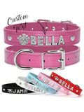 Leather Pet Collar with Rhinestone Name & Crown Charm,