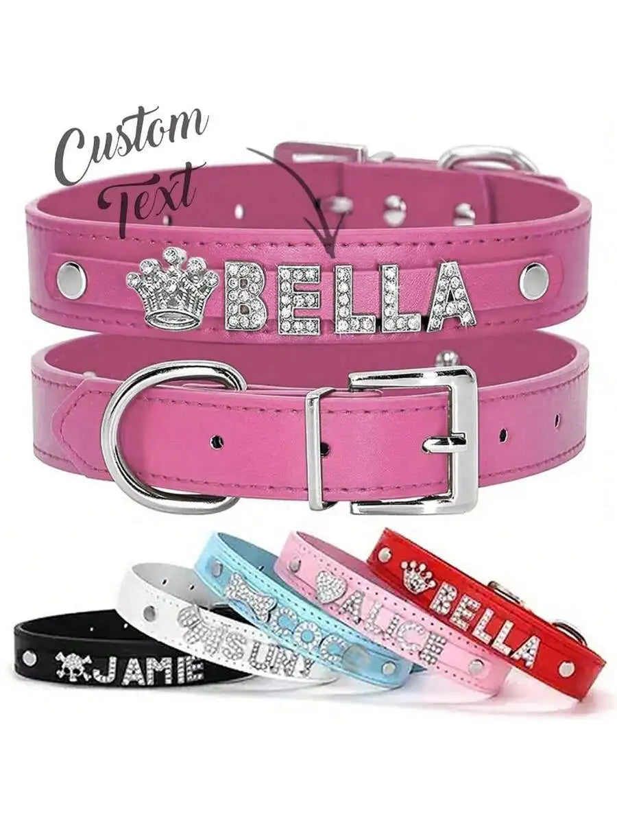 Leather Pet Collar with Rhinestone Name & Crown Charm,