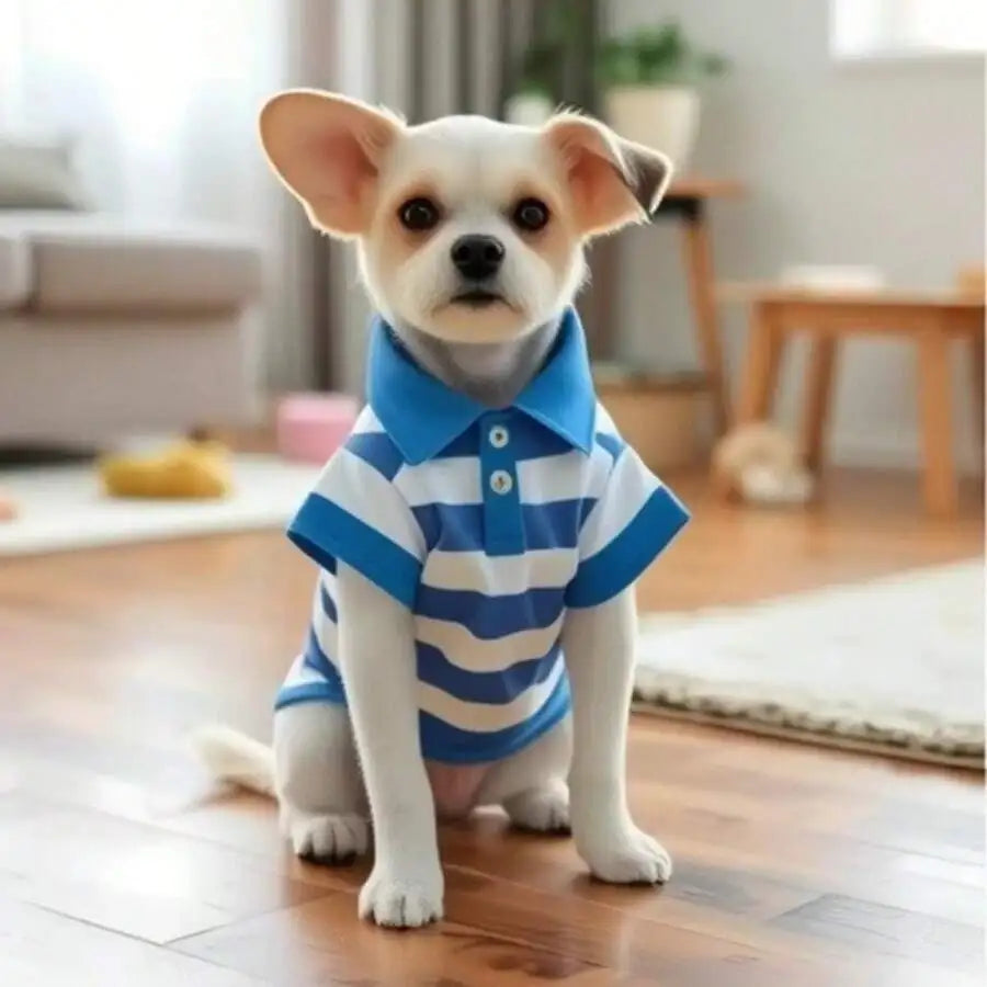 Blue  Cream Striped Polo Shirt for Small to Medium Dogs,