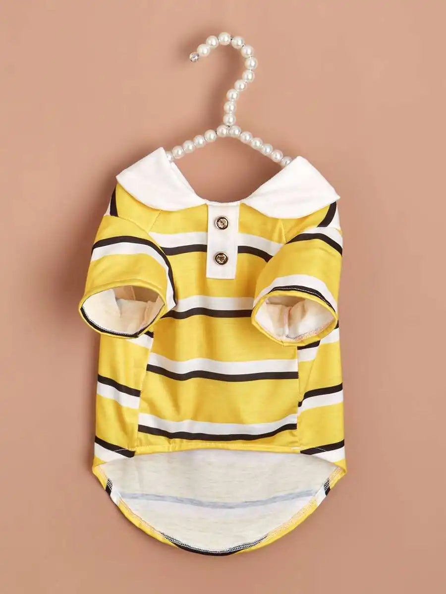 Yellow Striped Polo-Style Pet Shirt for Dogs and Cats, Casual Wear