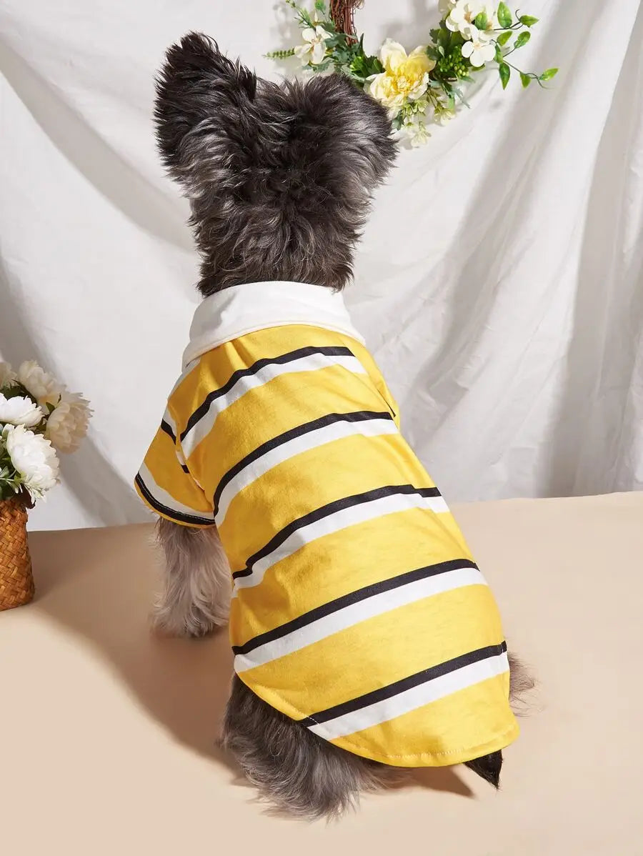 Yellow Striped Polo-Style Pet Shirt for Dogs and Cats, Casual Wear