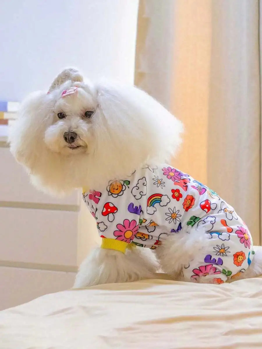 Colorful Floral Print Pet Pajamas with Rainbow & Smiley Flowers,